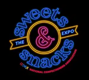 The Sweets and Snacks Expo official logo for 2026 by the National Confectioners Association, displayed in a neon sign style.