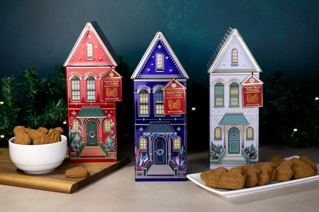 Luxury tin packaging example - festive house tins