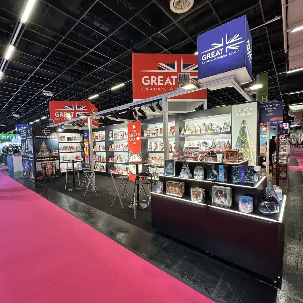 Silver Crane's stand at the ISM Cologne event, showcasing innovation in tin packaging design. 